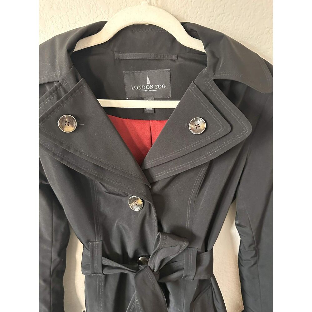 London Fog Womens XXS Black Hooded Belted Trench Coat Rain Jacket Pea Coat - Picture 5 of 7